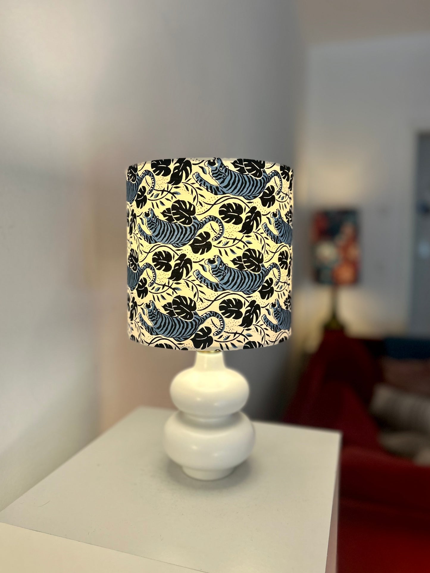 Cordless table lamp with shade made of Japanese tiger fabric